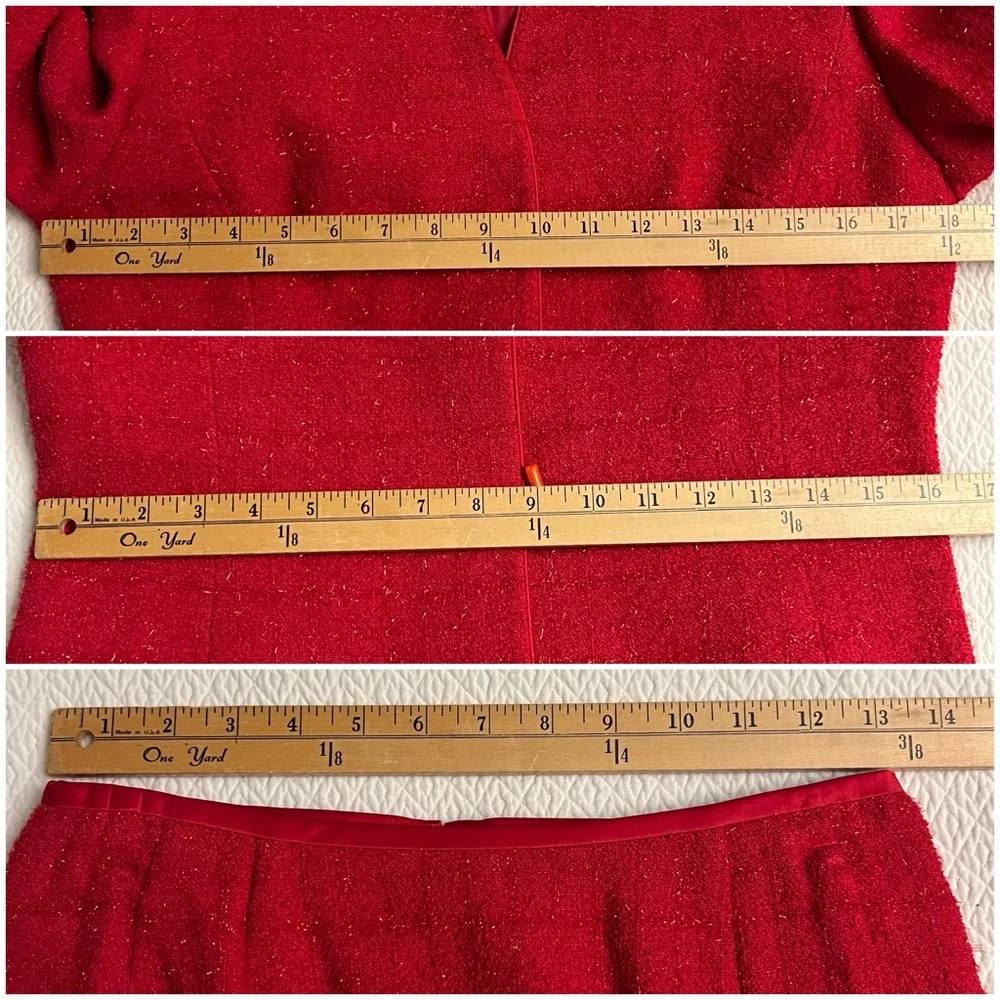 KASPER Red Sparkle Tweed Plaid Petite Skirt Suit